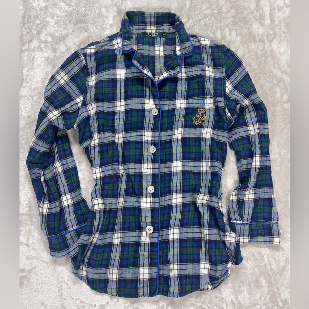 Lauren Ralph Lauren Plaid Pajama Top Blue Green Tartan Embroidered Logo M